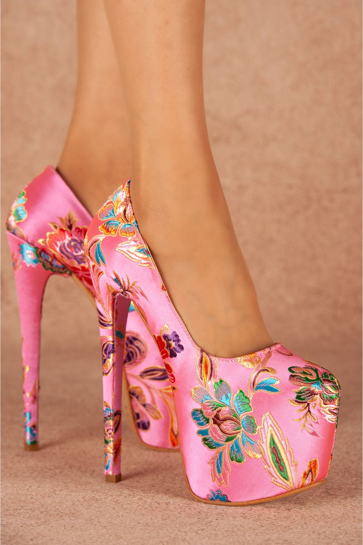 Josie Pembe Çiçekli Yüksek Kadın Topuklu Ayakkabı 19 Cm