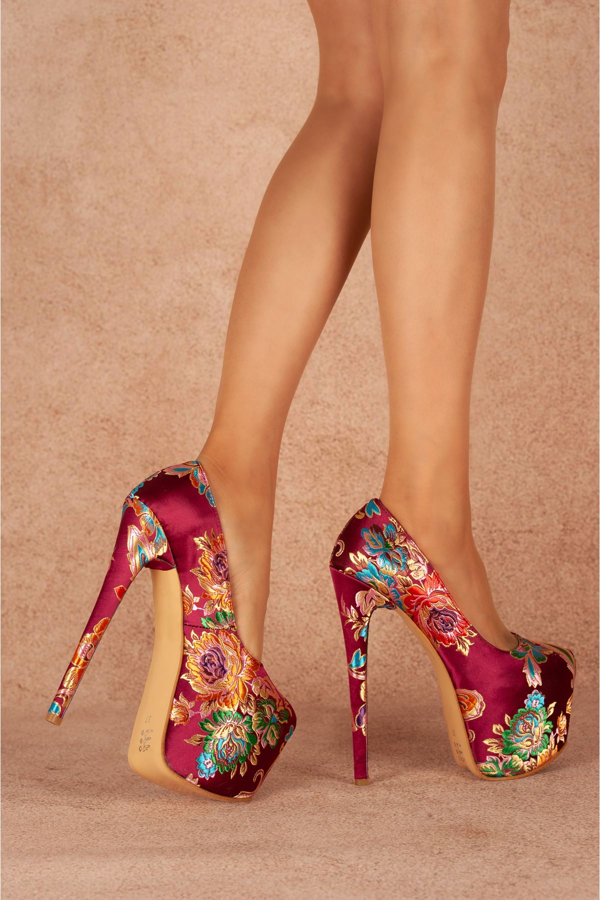 Josie Bordo Çiçekli Yüksek Kadın Topuklu Ayakkabı 19 Cm