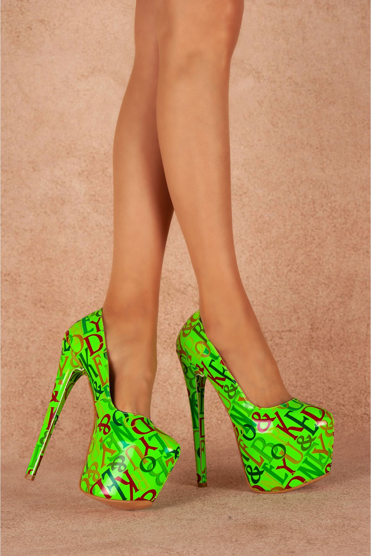 Josie Neon Yeşil Yazılı Yüksek Kadın Topuklu Ayakkabı 19 Cm