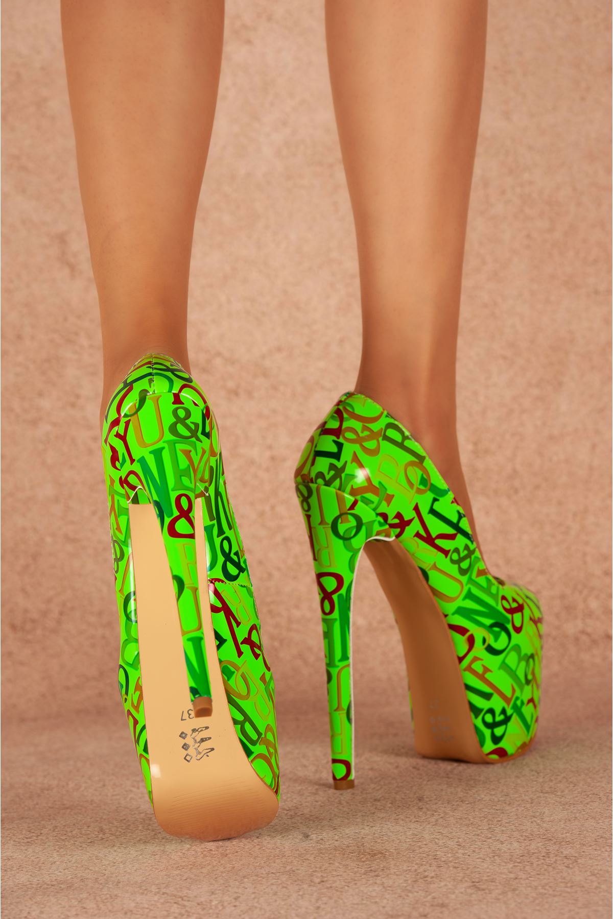 Josie Neon Yeşil Yazılı Yüksek Kadın Topuklu Ayakkabı 19 Cm
