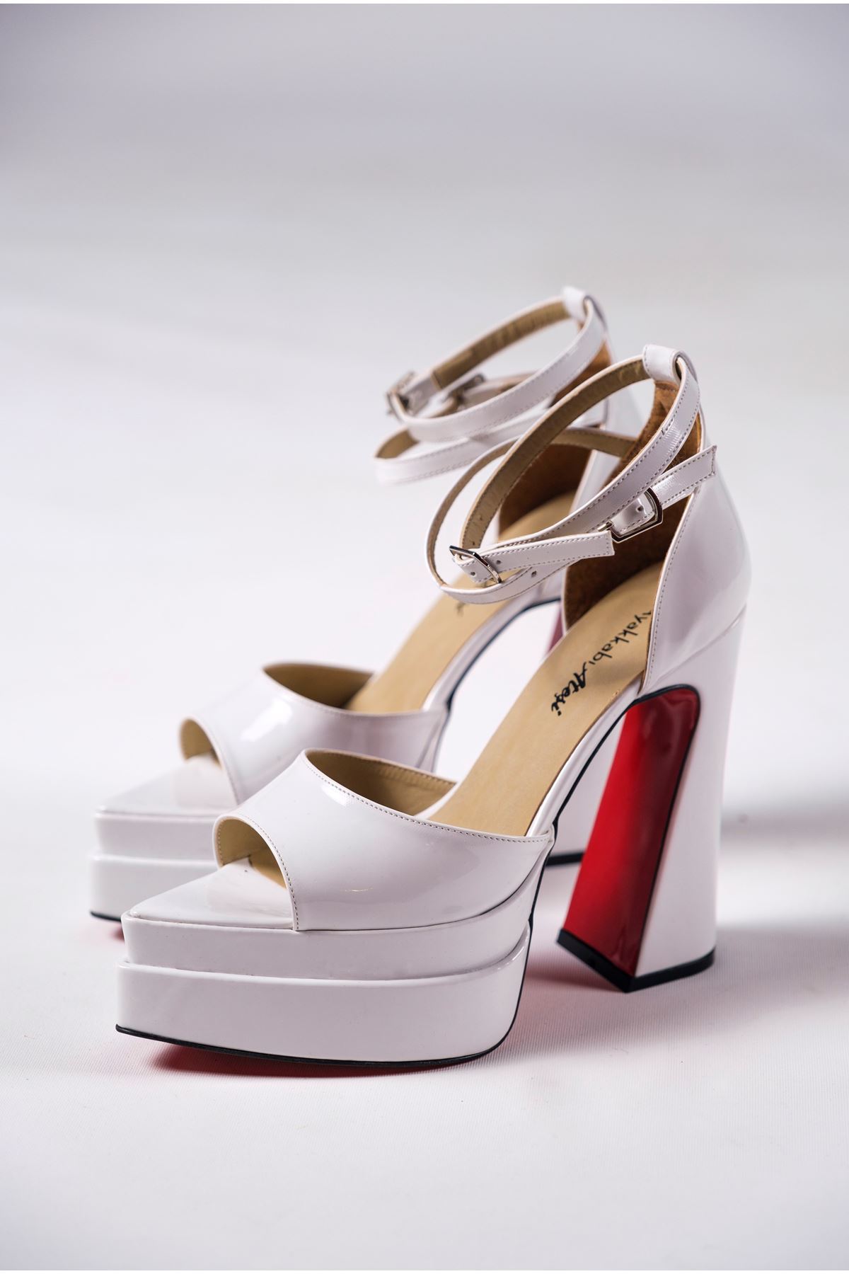 Beyaz Rugan Çift  Platform Özel Tasarım Kadın Ayakkabı Otto
