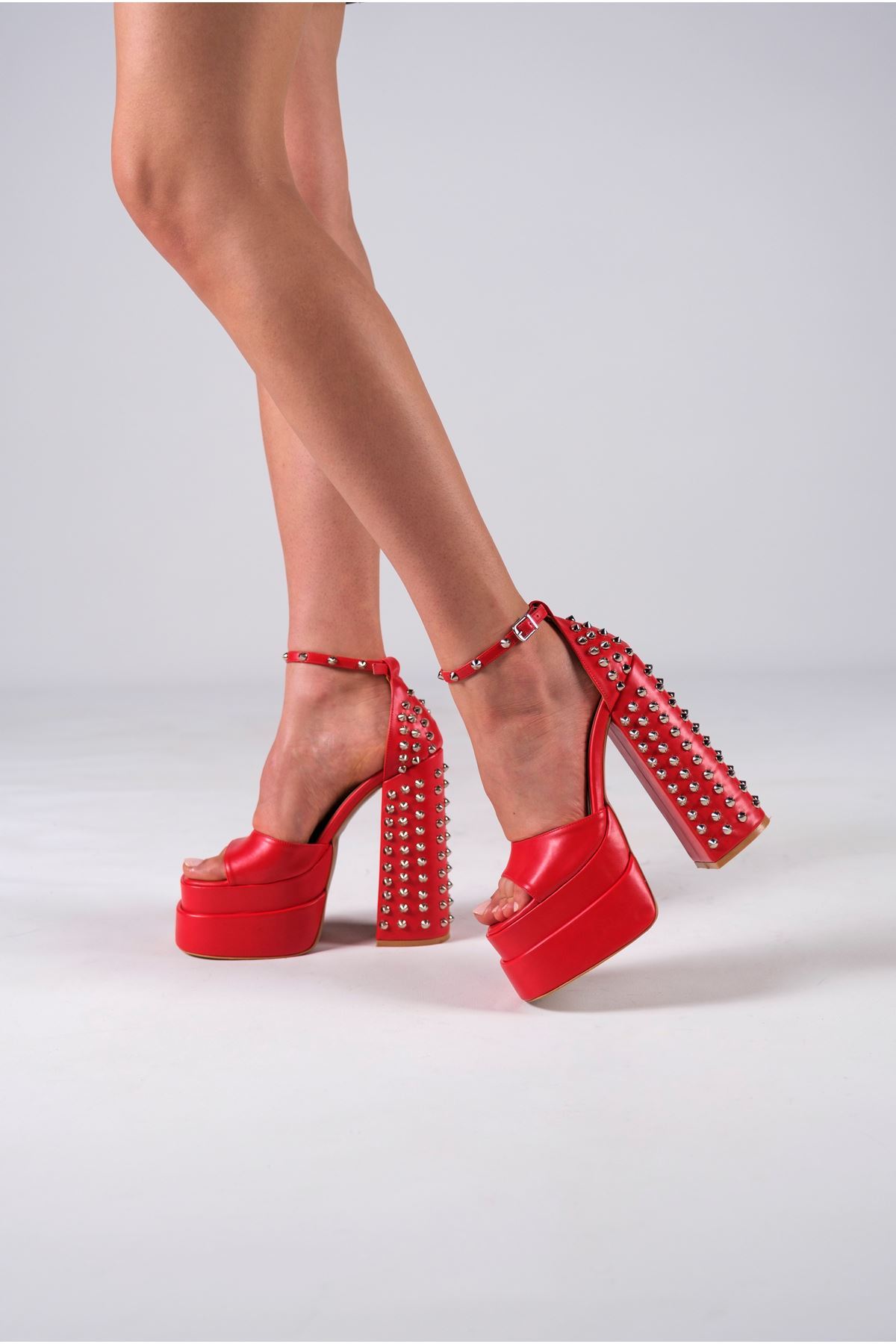 Kırmızı Cilt Çift  Platform Tasarım Gelinlik Kadın Ayakkabı Aruna