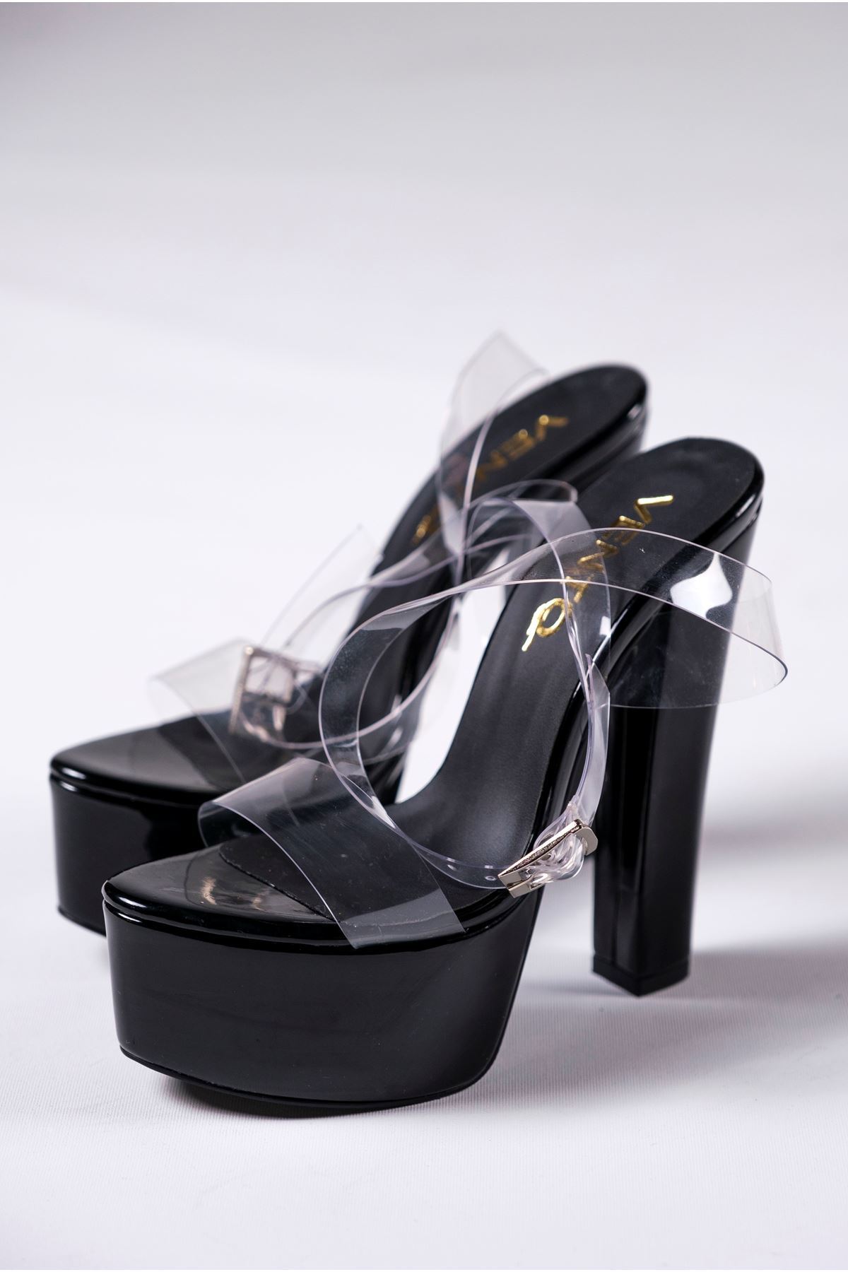 Siyah Rugan - Şeffaf Yüksek Topuklu Kadın Ayakkabı Helen