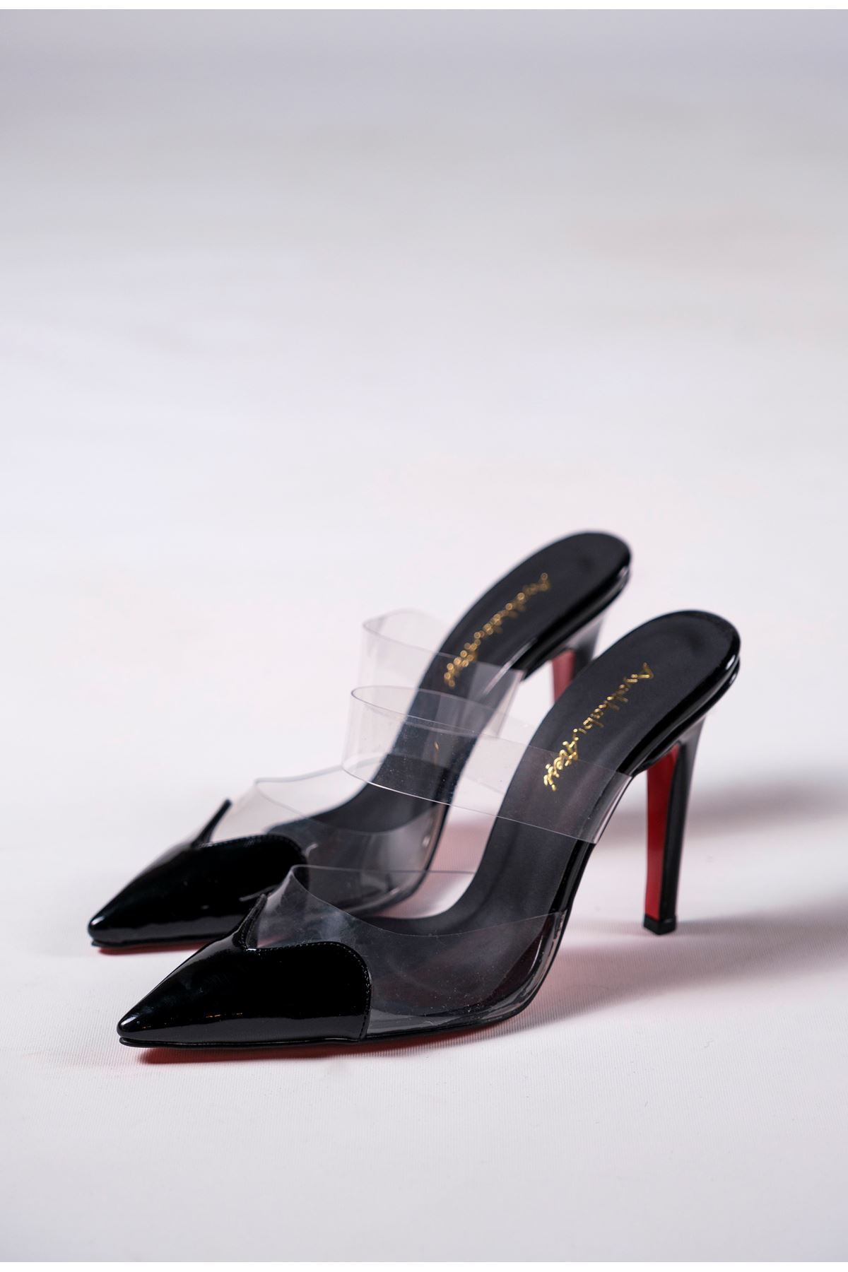 Siyah Rugan -Şeffaf Kadın İnce Topuklu Ayakkabı Stiletto Vario