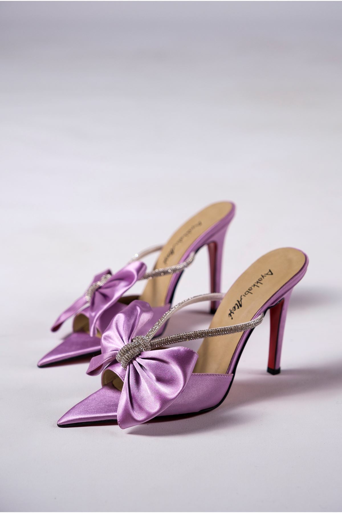 Lila Saten Kadın Topuklu Özel Tasarım Ayakkabı Stiletto RedLine