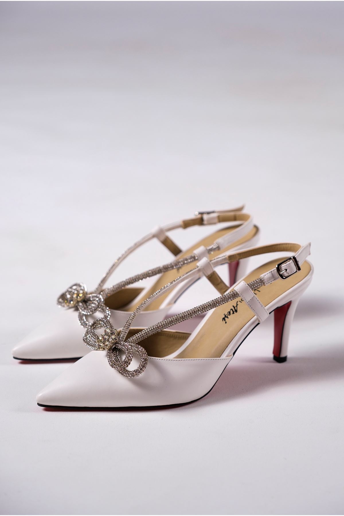 Beyaz Cilt Taş Detaylı Kadın Özel Tasarım Topuklu Ayakkabı Stiletto Ripple