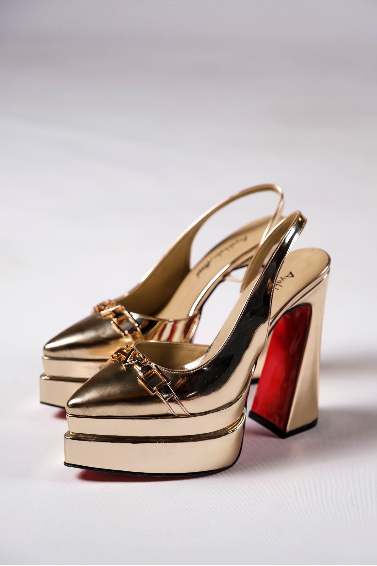 Altın Ayna Çift  Platform Tasarım Arka Açık Kadın Yüksek Topuklu Ayakkabı Pacha