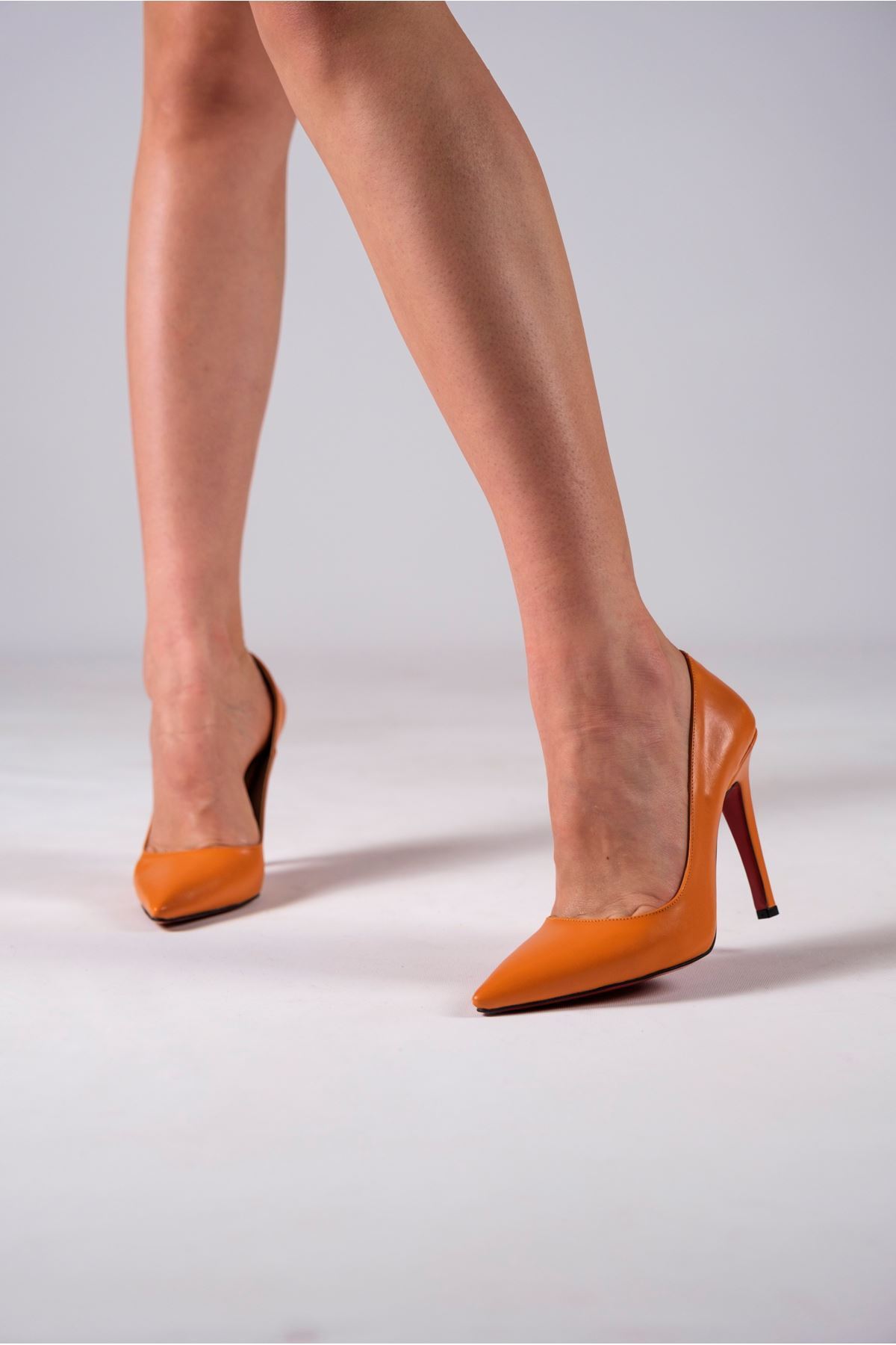 Turuncu Cilt Kadın İnce Topuklu Ayakkabı Stiletto Yoshi