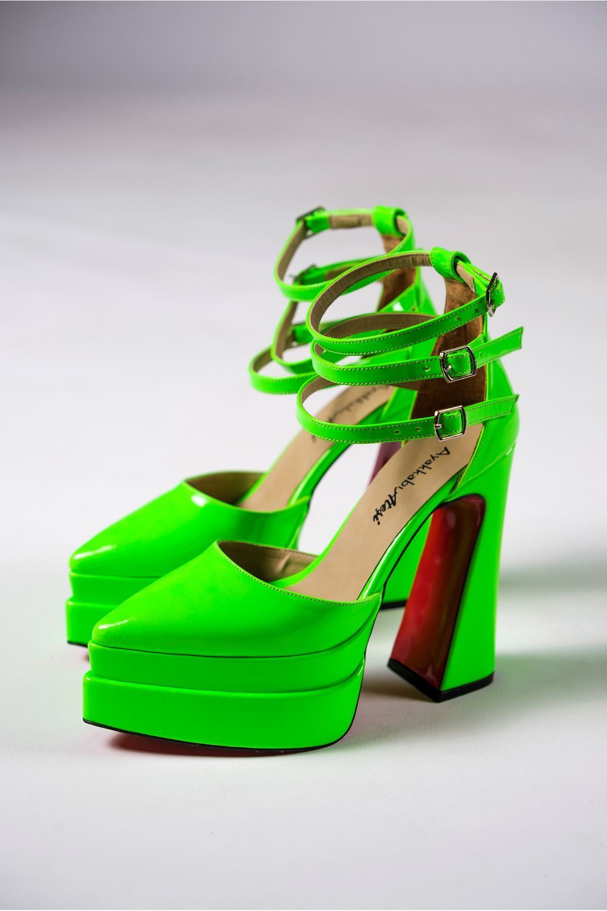Yeşil Neon Rugan Çift  Platform Özel Tasarım Kadın Ayakkabı Auris