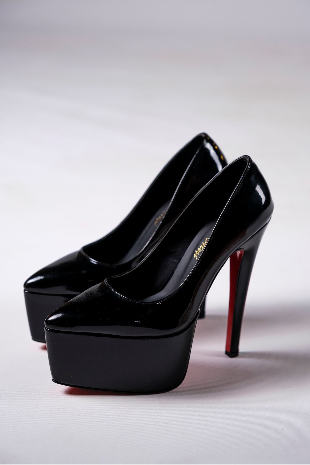 Siyah Rugan Platform Özel Tasarım  Topuklu Kadın Ayakkabı Chika