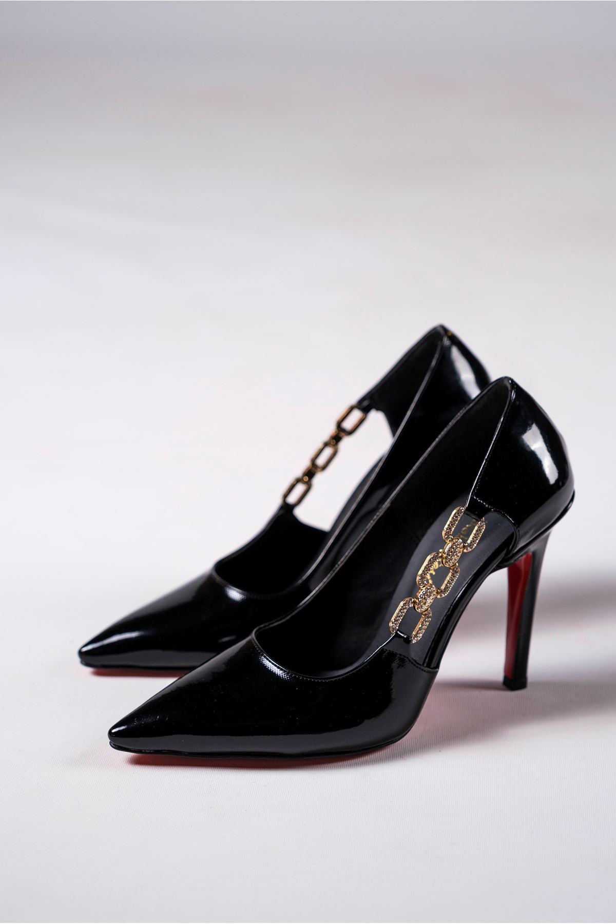 Siyah Rugan Taşlı Tokalı Tasarım Kadın İnce Topuklu Tokalı Ayakkabı Esta
