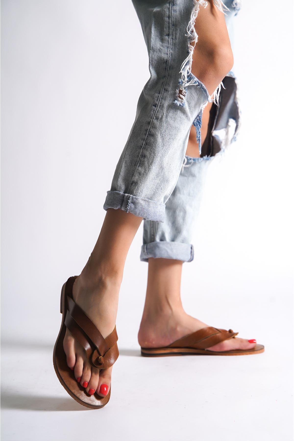 Jade Taba Cilt özel Tasarım parmak Arası Hakiki Deri Sandalet