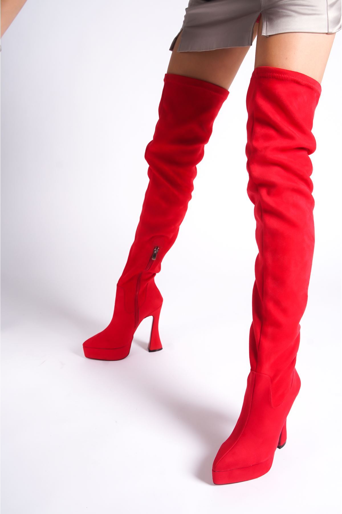 Kırmızı Süet Platform Tasarım Kadın Çizme Yüksek Topuklu Ayakkabı Cora