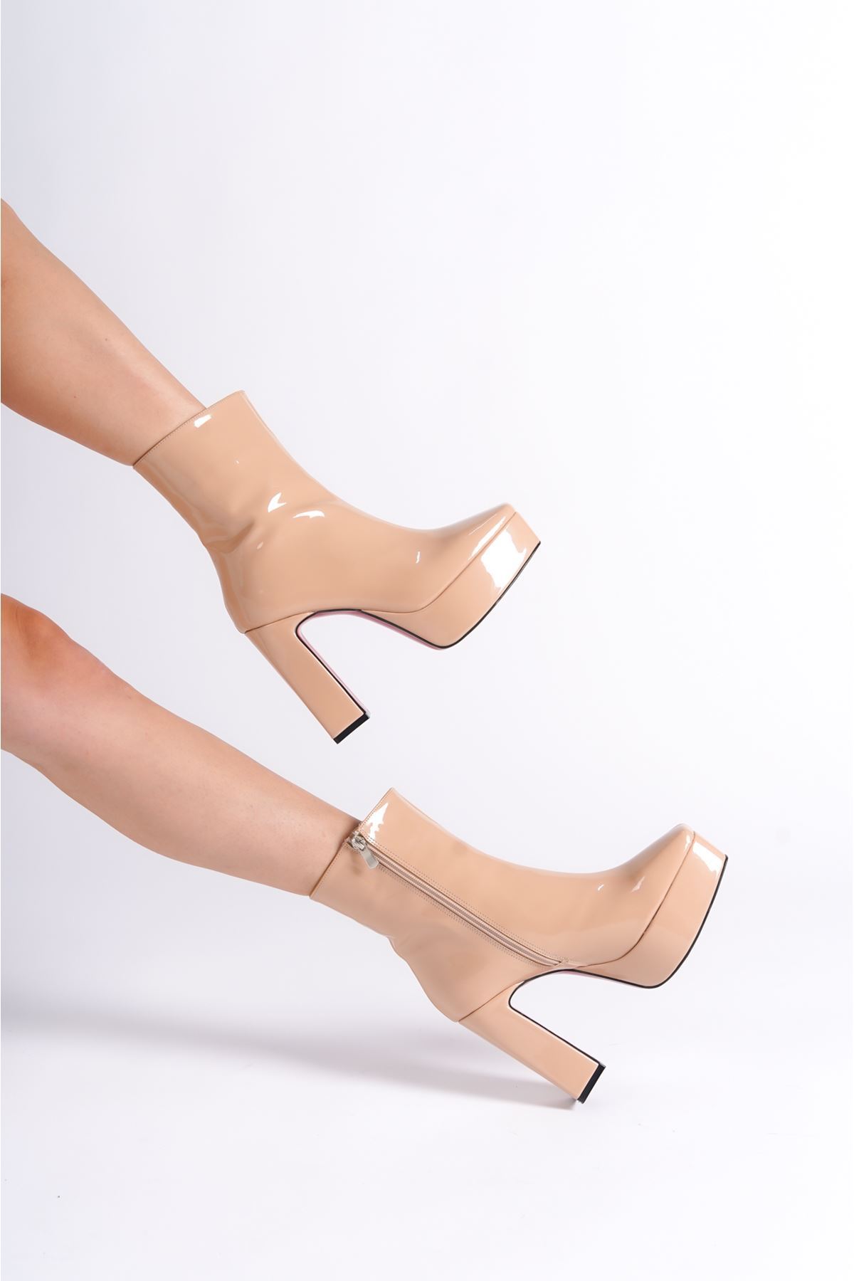 Nude Rugan Platform Tasarım Kadın Çizme Orta Topuklu Ayakkabı Vito