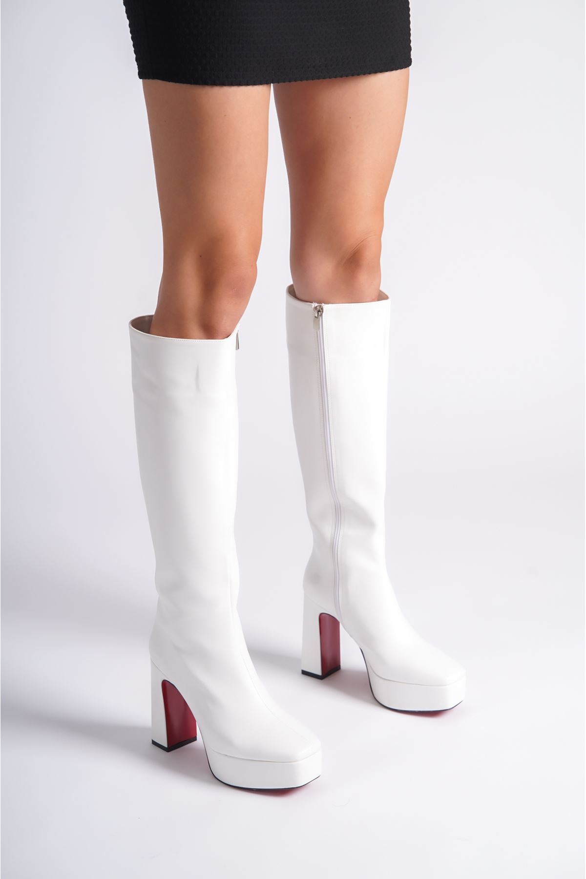 Beyaz Cilt Platform Tasarım Kadın Çizme Orta Topuklu Ayakkabı Paman