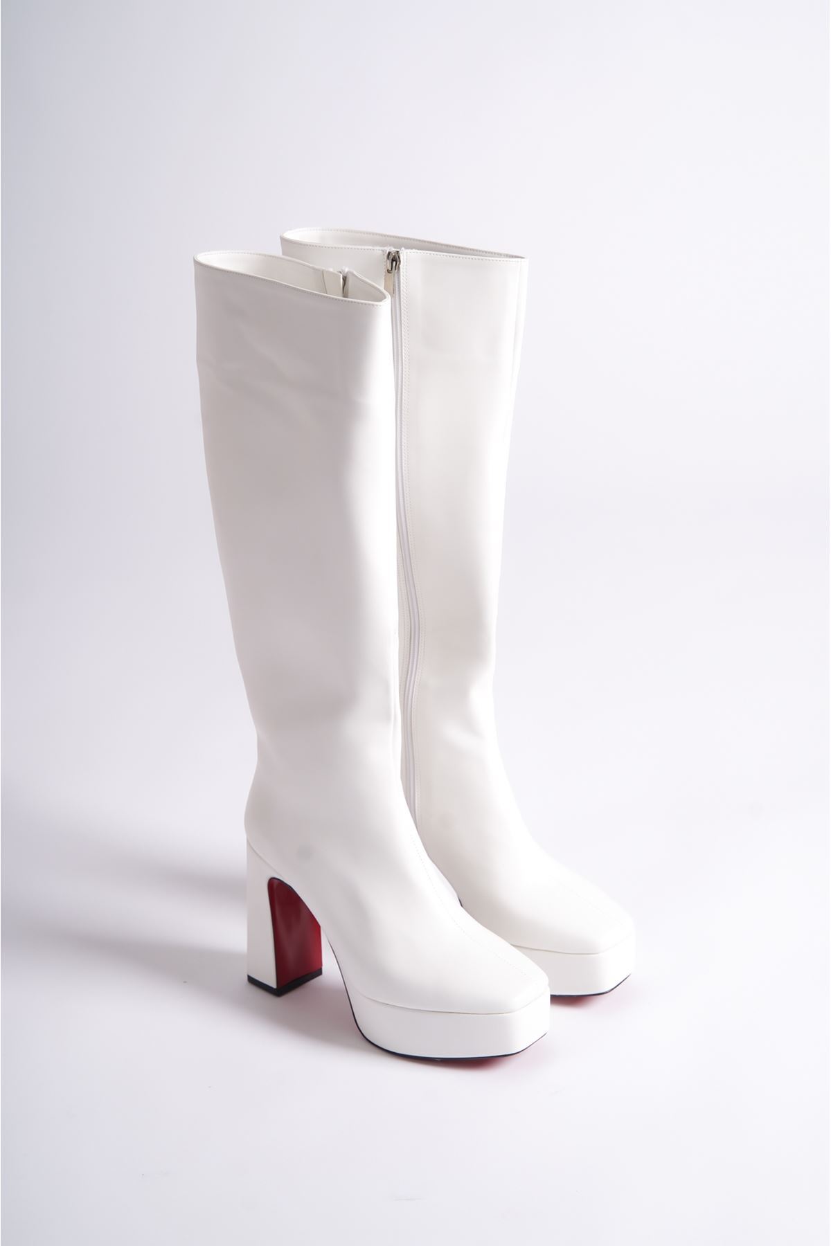 Beyaz Cilt Platform Tasarım Kadın Çizme Orta Topuklu Ayakkabı Paman