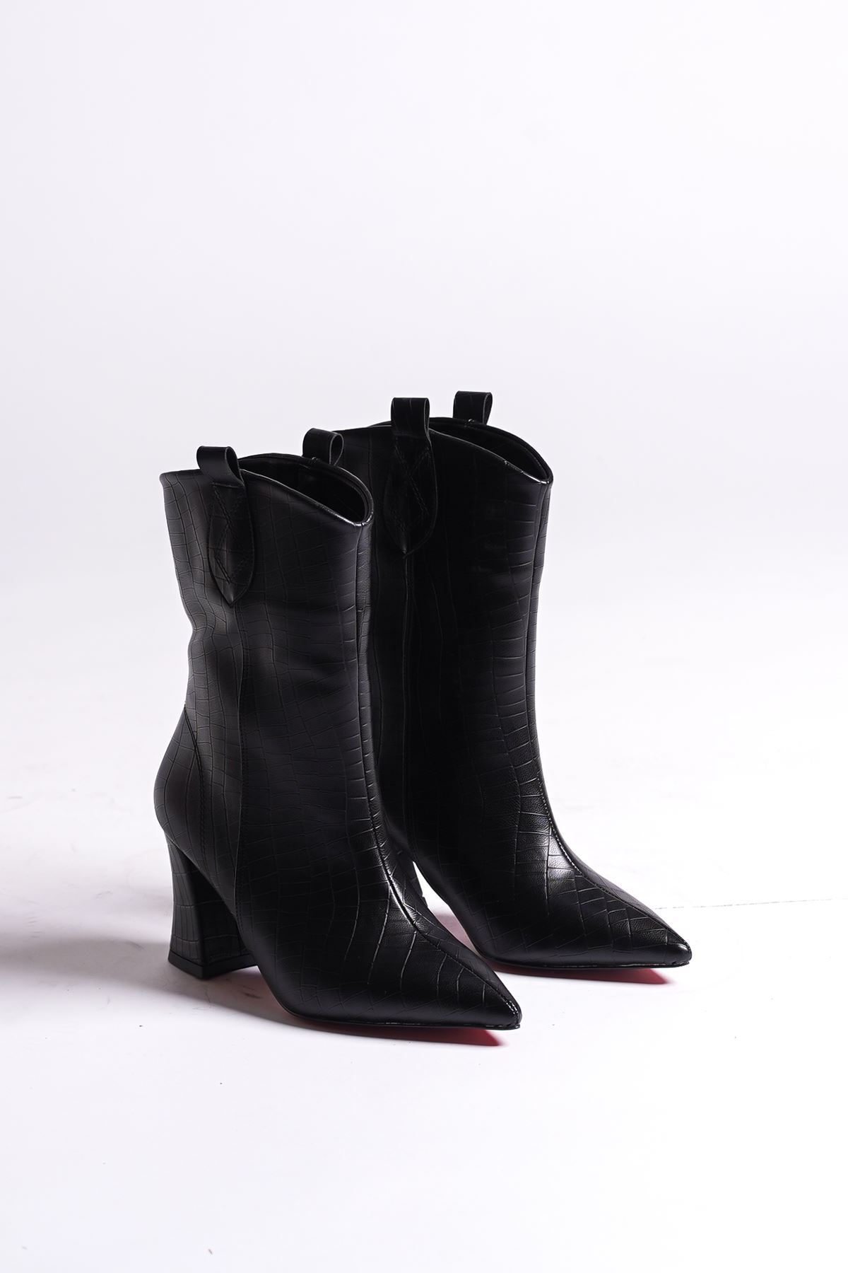 Siyah Kroko Tasarım Kadın Bot Alçak Topuklu Ayakkabı Berry