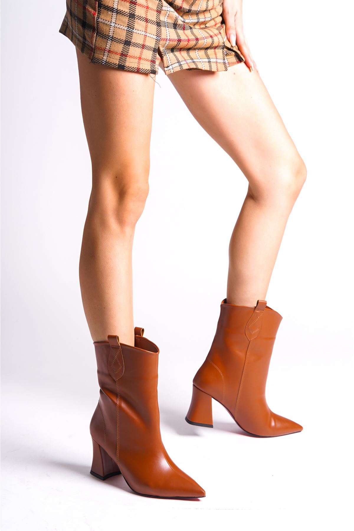 Taba Cilt Tasarım Kadın Bot Alçak Topuklu Ayakkabı Berry