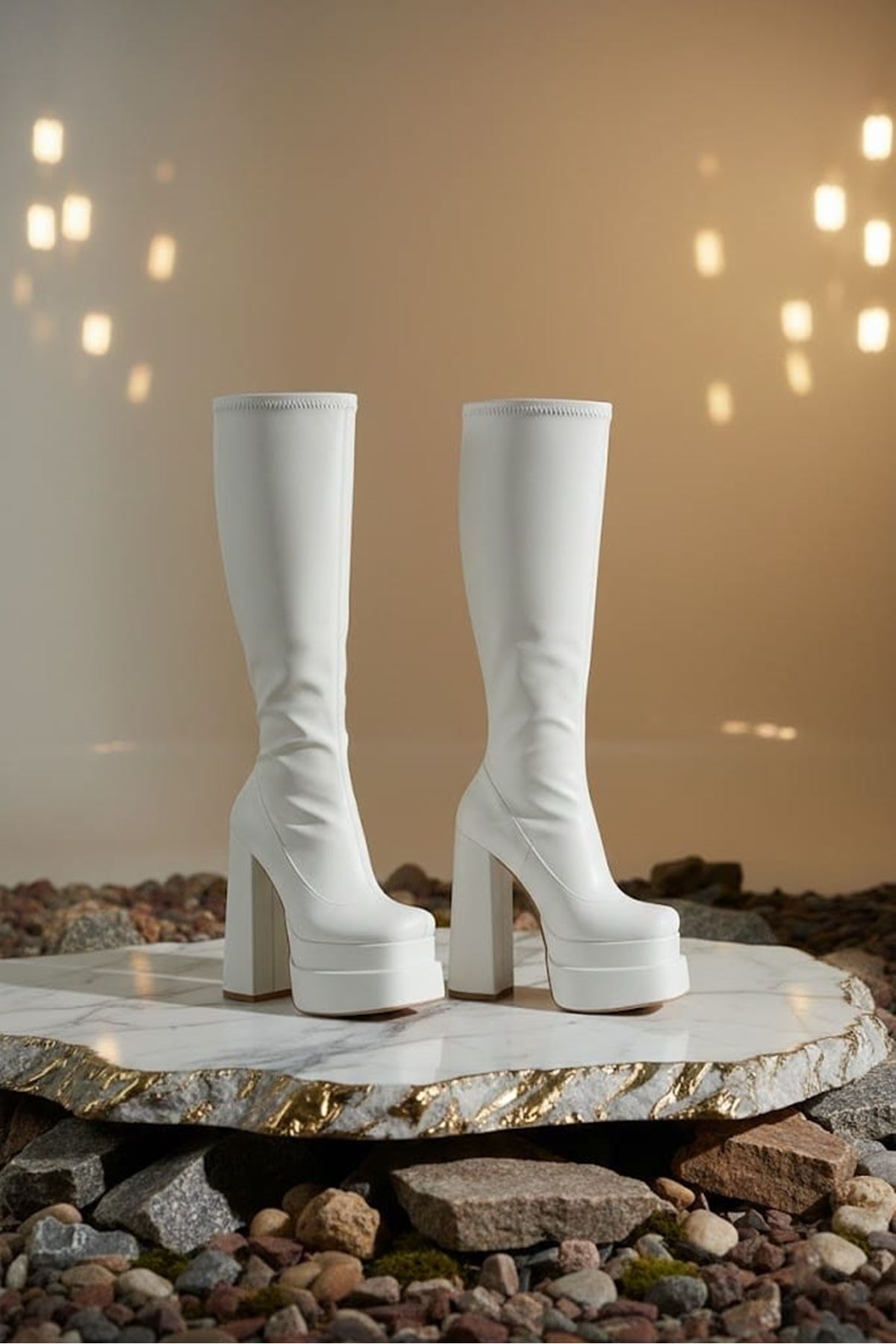 Bayon Beyaz Cilt Kadın Çift Platform Yüksek Topuklu Çizme