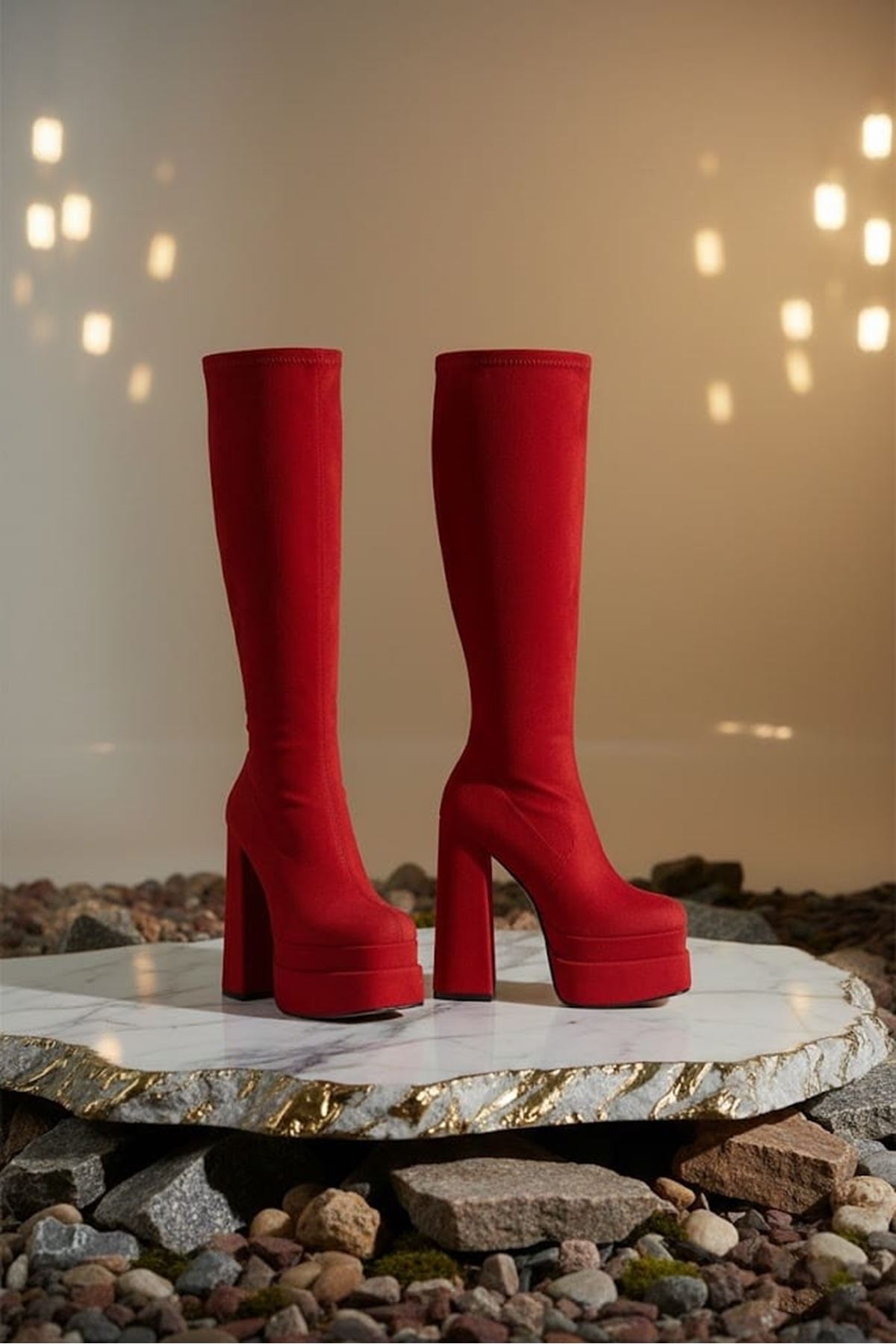 Bayonn Kırmızı Süet Kadın Çift Platform Yüksek Topuklu Çizme