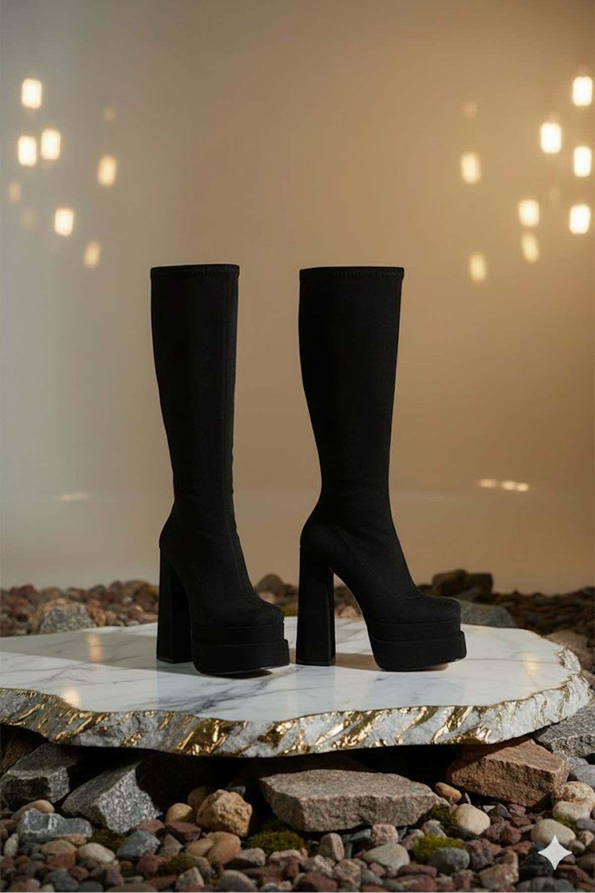 Bayonn Siyah Süet Kadın Çift Platform Yüksek Topuklu Çizme
