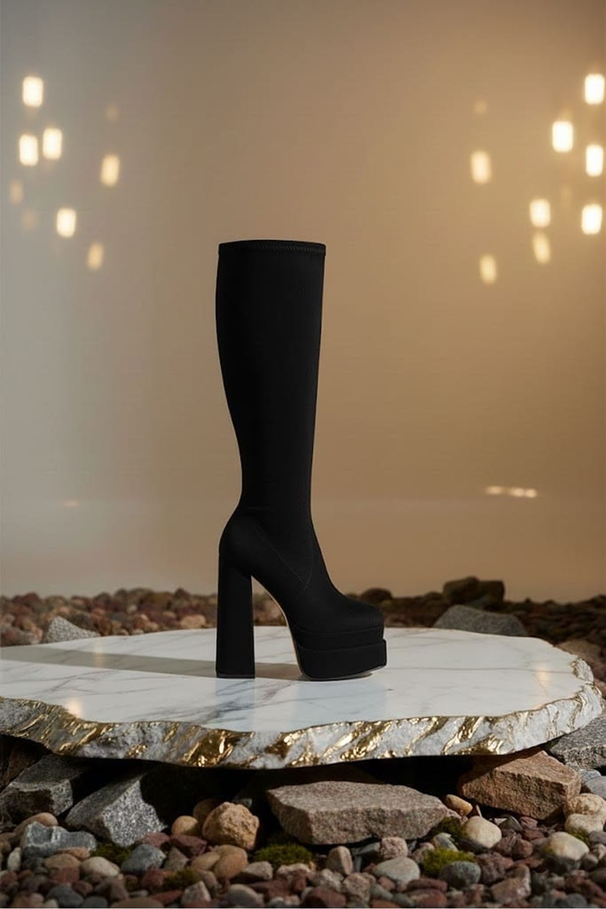 Bayonn Siyah Süet Kadın Çift Platform Yüksek Topuklu Çizme