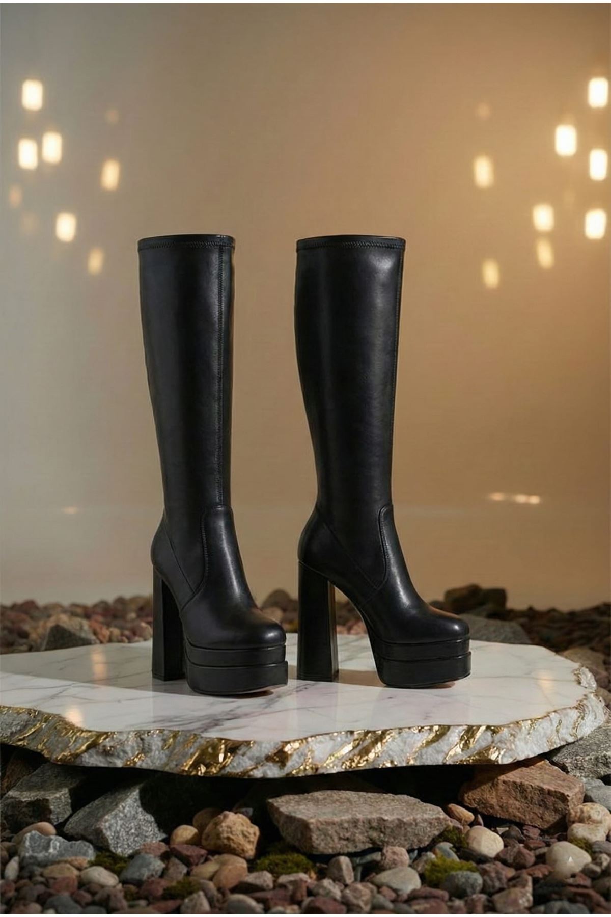 Bayonn Siyah Cilt Kadın Çift Platform Yüksek Topuklu Çizme