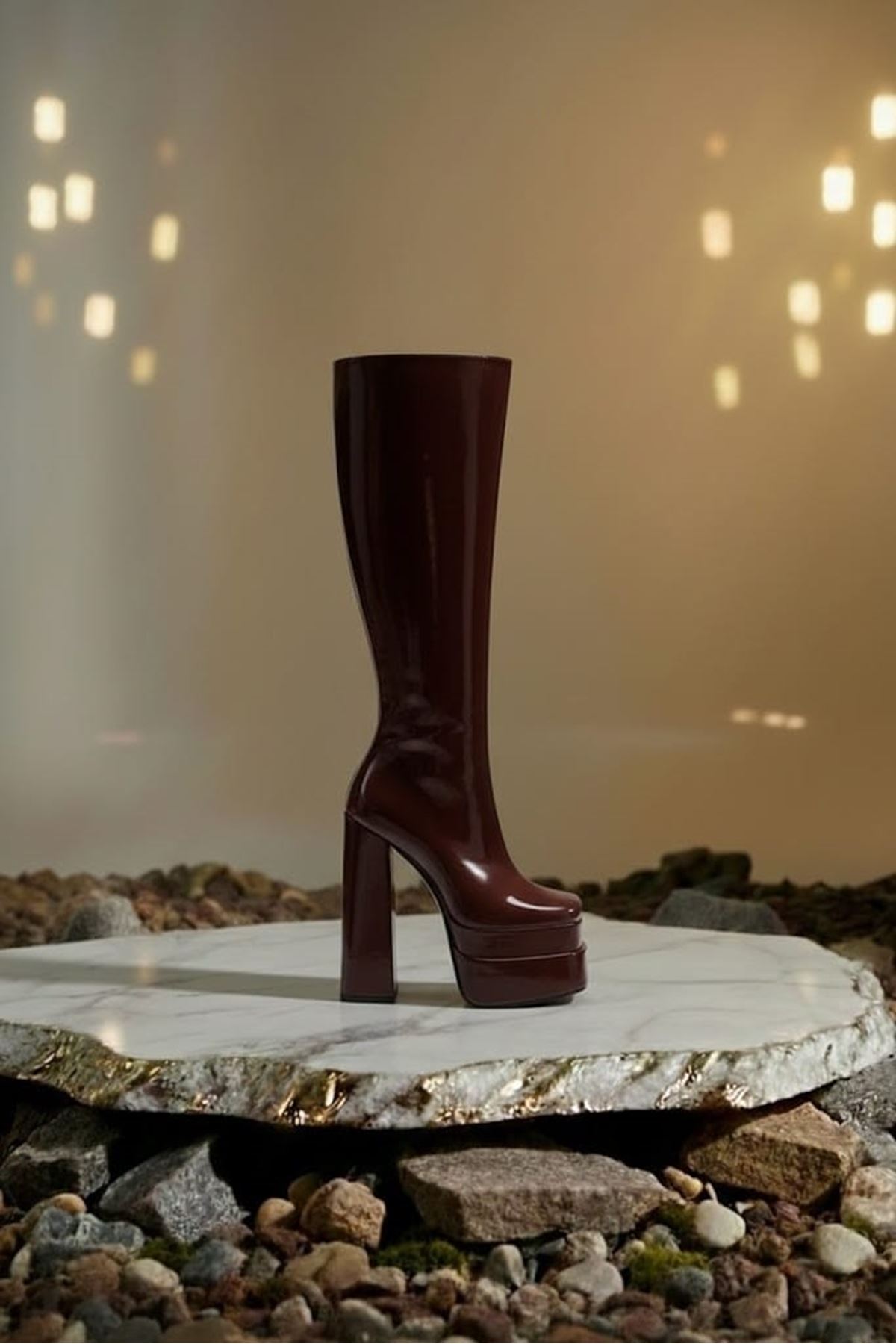 Pennyy Kahverengi Rugan Kadın Çift Platform Kalın Topuk Çizme