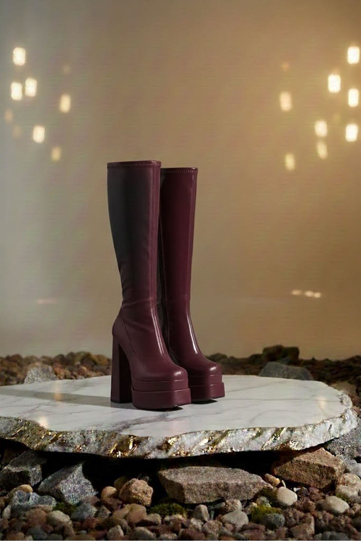 Pennyy Bordo Cilt Kadın Çift Platform Kalın Topuk Çizme