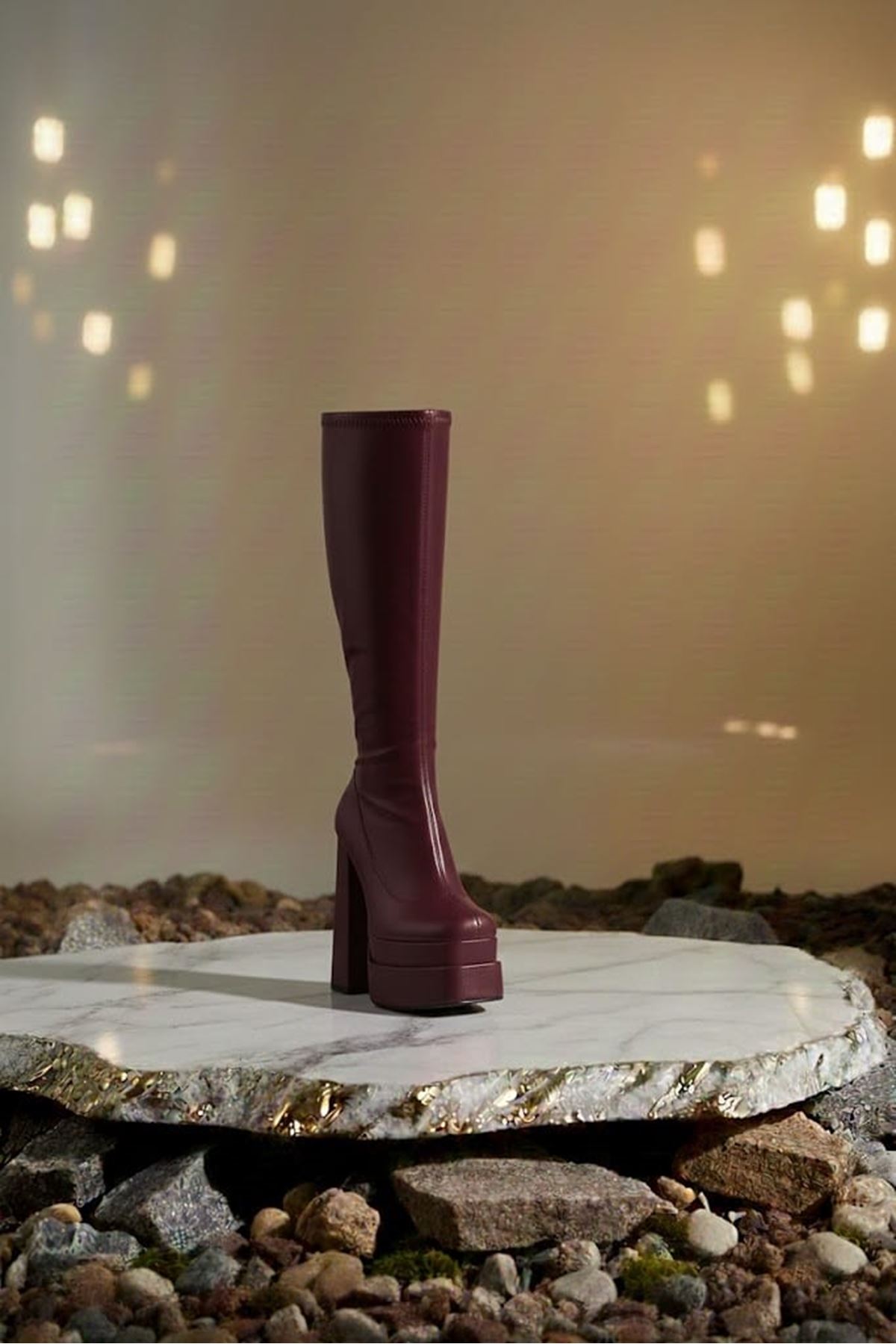 Pennyy Bordo Cilt Kadın Çift Platform Kalın Topuk Çizme
