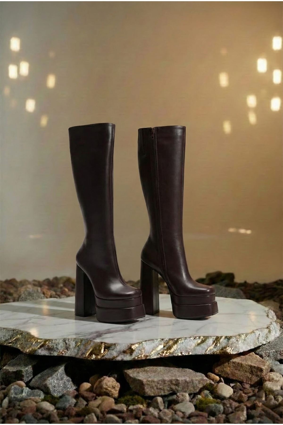 Pennyy Kahverengi Cilt Kadın Çift Platform Kalın Topuk Çizme