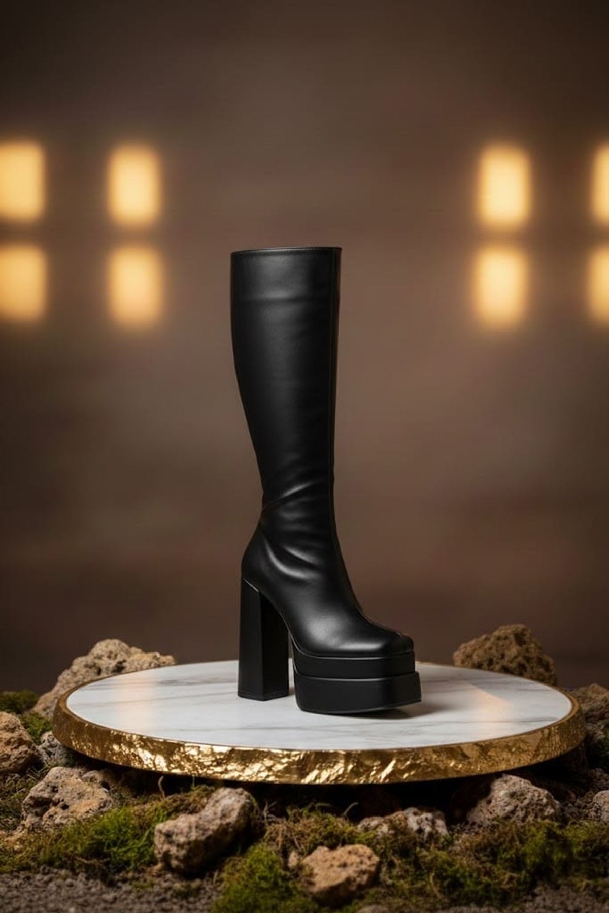 Pennyy Siyah Cilt Kadın Çift Platform Kalın Topuk Çizme