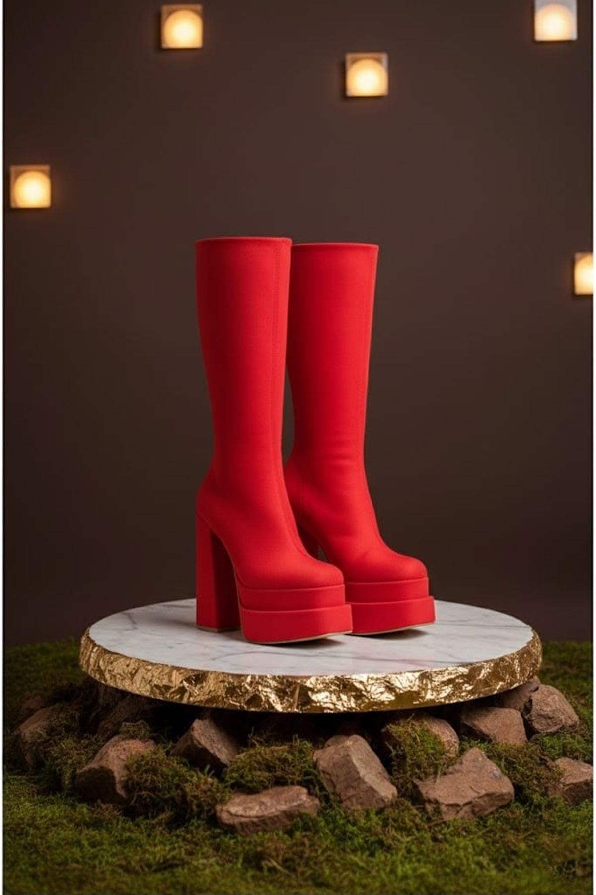 Pennyy Kırmızı Süet Kadın Çift Platform Kalın Topuk Çizme