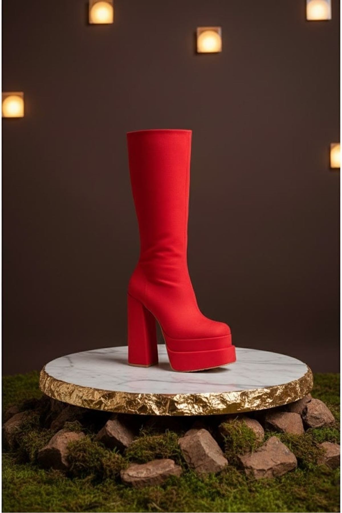 Pennyy Kırmızı Süet Kadın Çift Platform Kalın Topuk Çizme