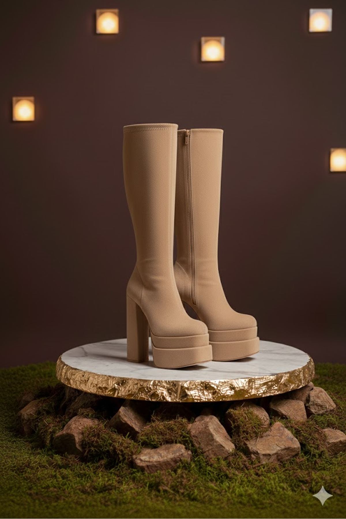 Pennyy Ten Süet Kadın Çift Platform Kalın Topuk Çizme