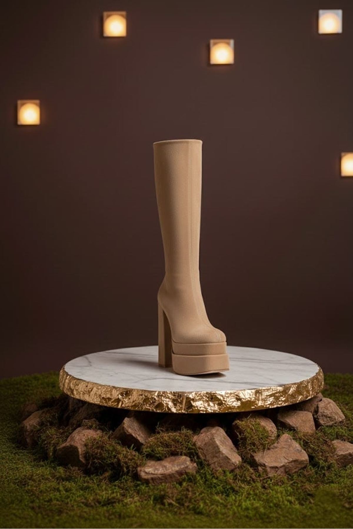 Pennyy Ten Süet Kadın Çift Platform Kalın Topuk Çizme