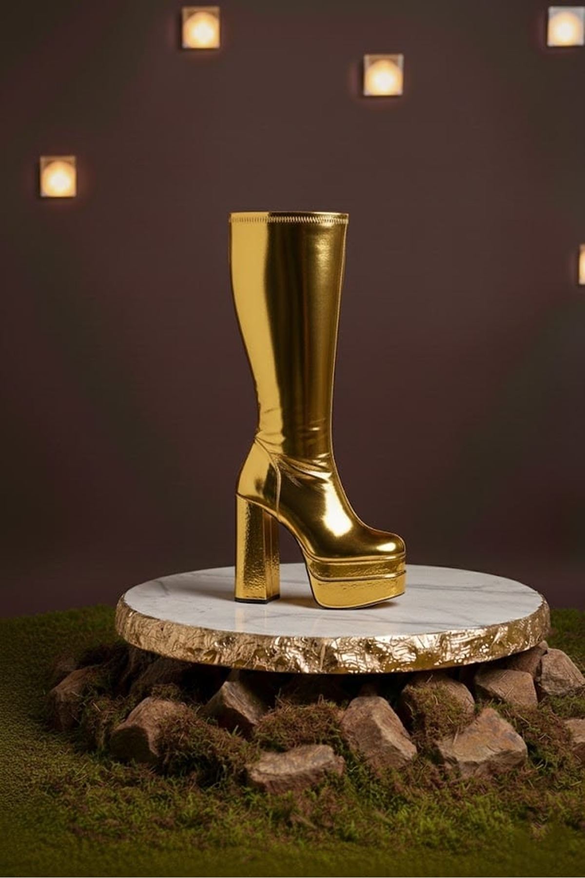 Pennyy Gold Ayna Kadın Çift Platform Kalın Topuk Çizme