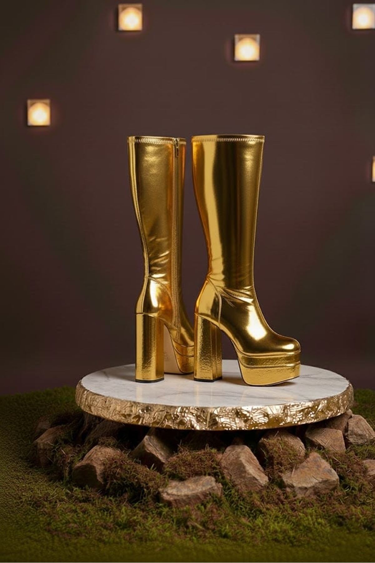 Pennyy Gold Ayna Kadın Çift Platform Kalın Topuk Çizme