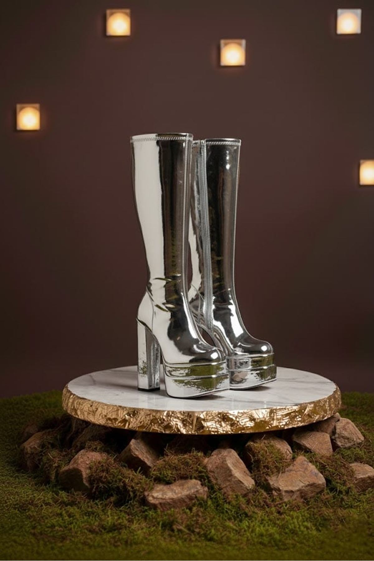 Pennyy Gümüş Ayna Kadın Çift Platform Kalın Topuk Çizme