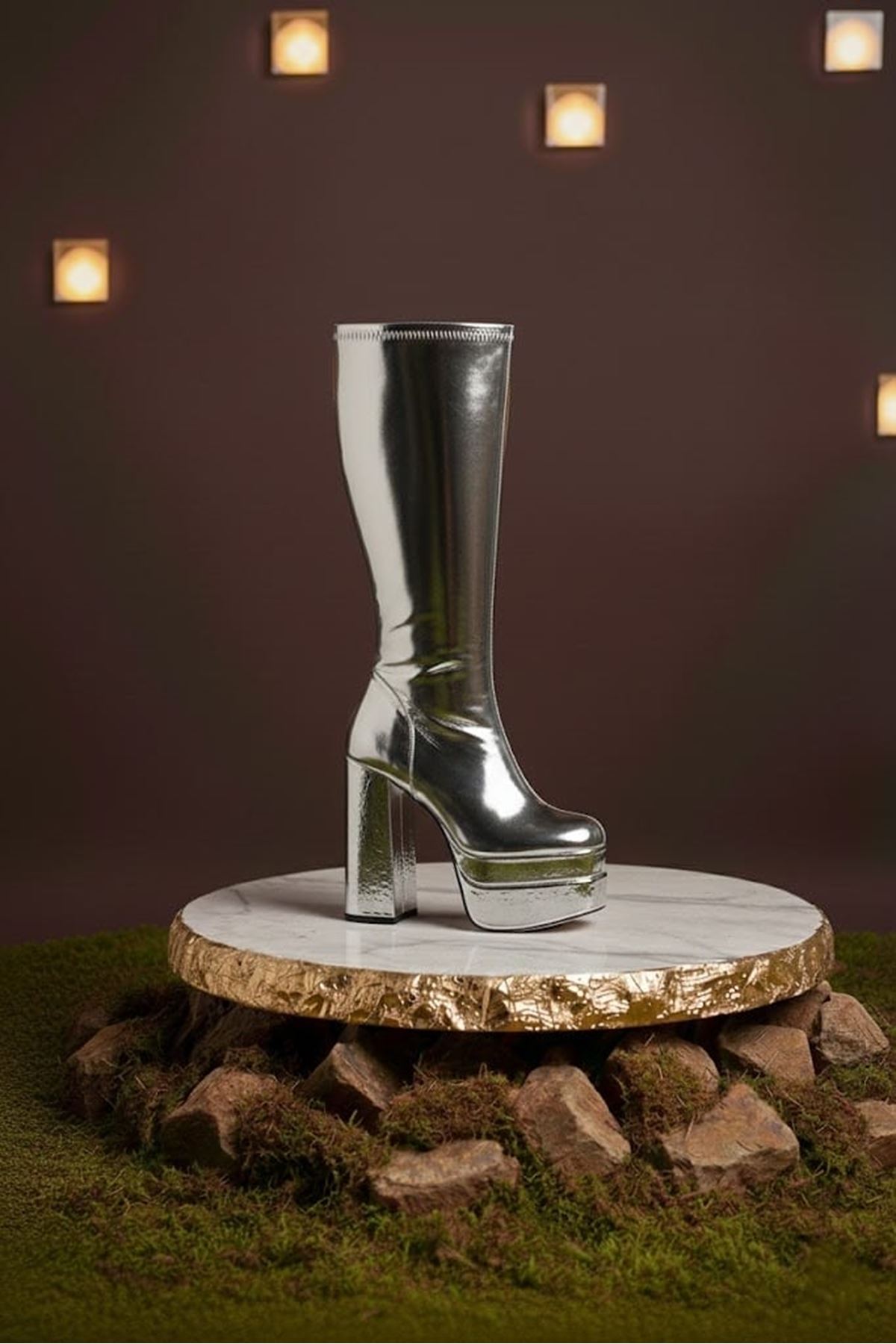 Pennyy Gümüş Ayna Kadın Çift Platform Kalın Topuk Çizme