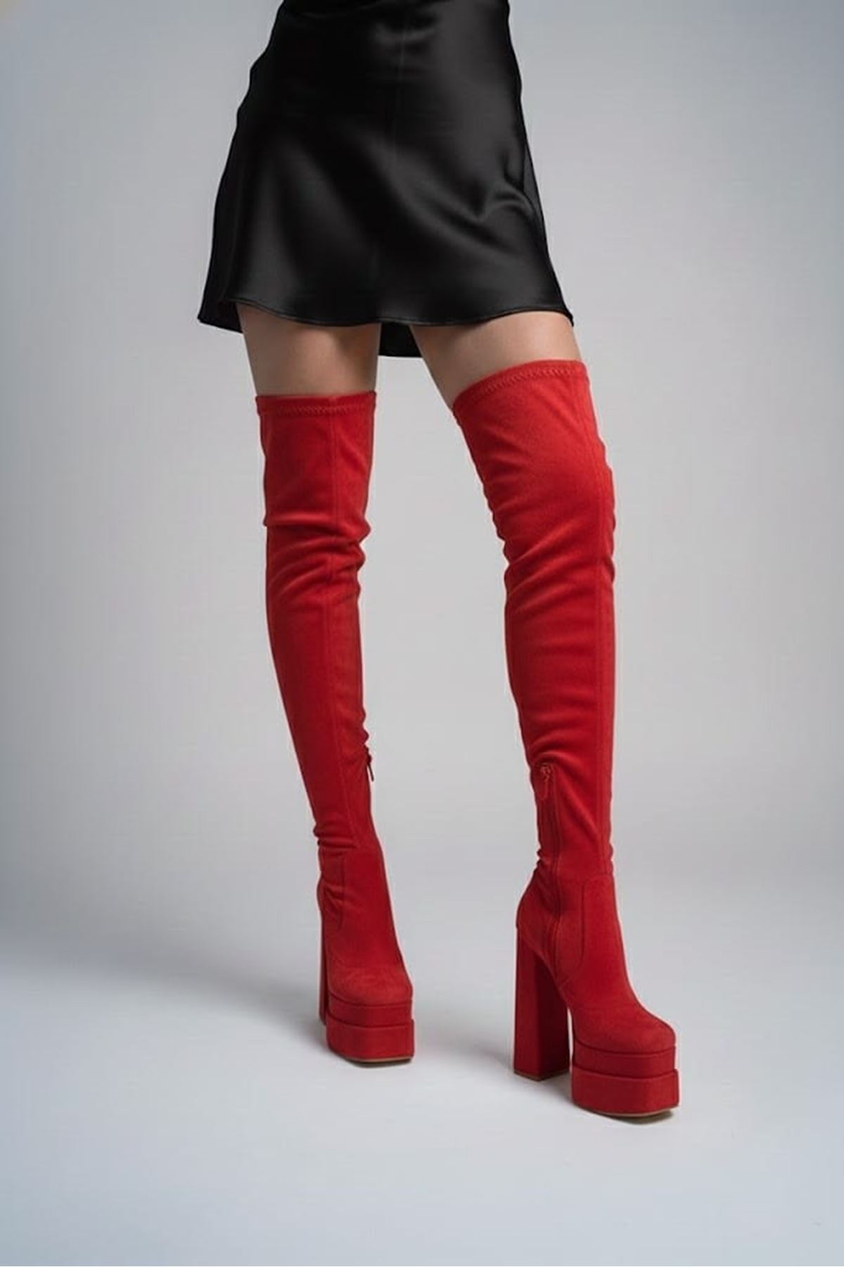 Reilly Kırmızı Süet Kadın Çift Platform Yüksek Topuklu Diz Üstü Streç
