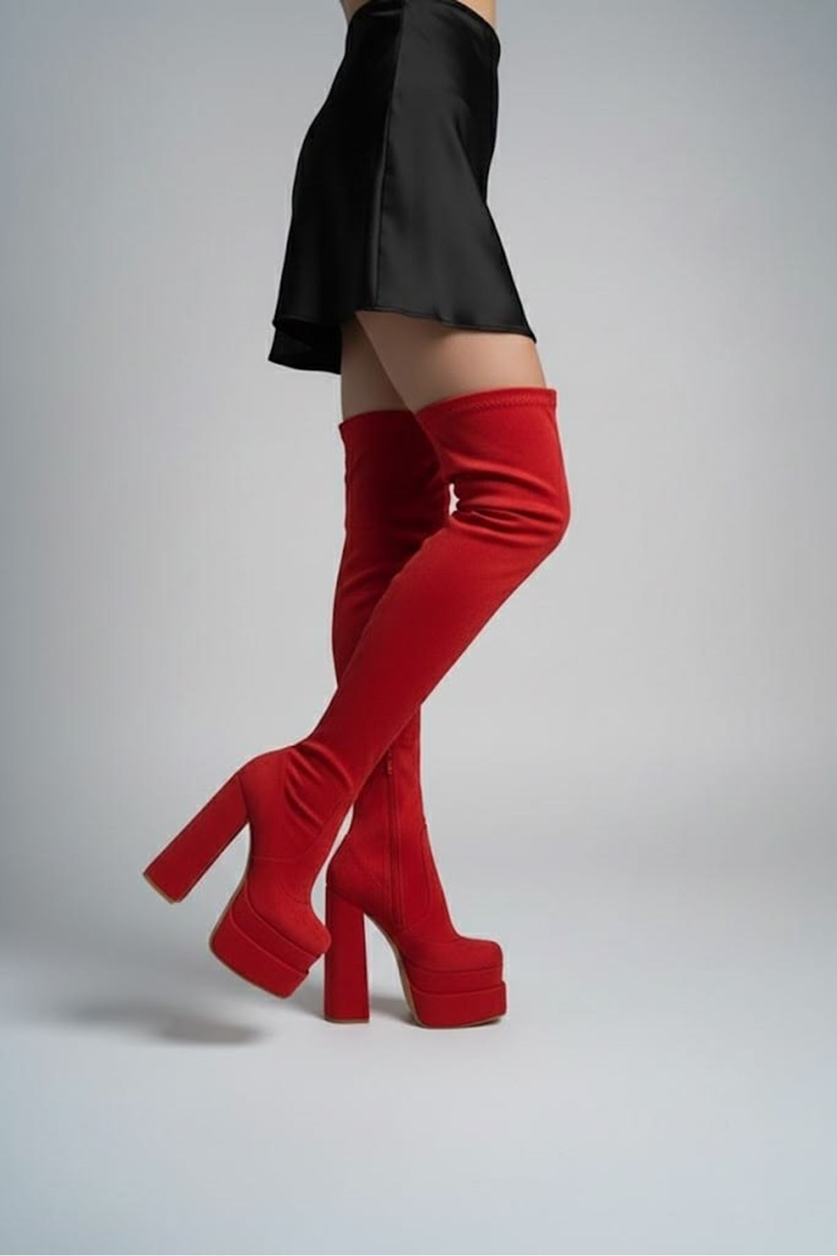 Reilly Kırmızı Süet Kadın Çift Platform Yüksek Topuklu Diz Üstü Streç