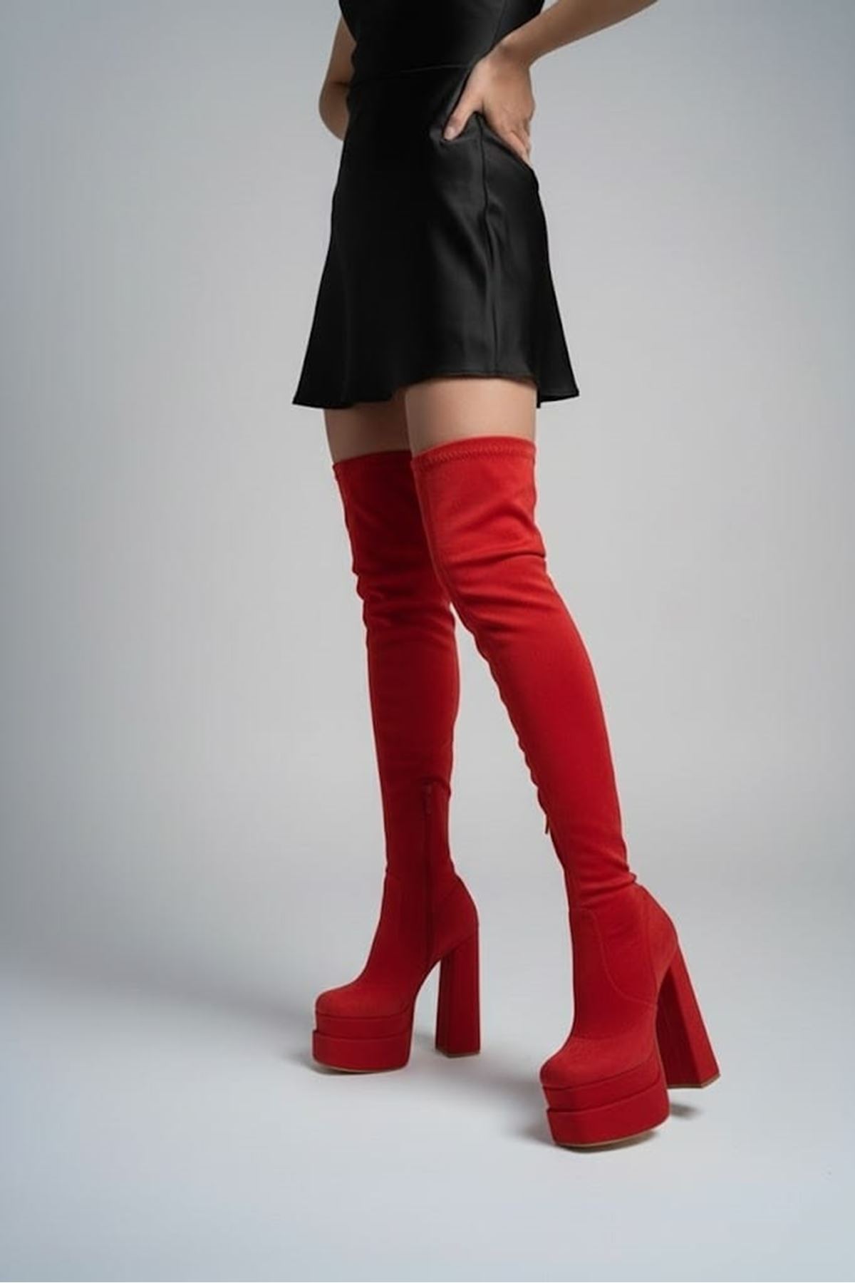 Reilly Kırmızı Süet Kadın Çift Platform Yüksek Topuklu Diz Üstü Streç