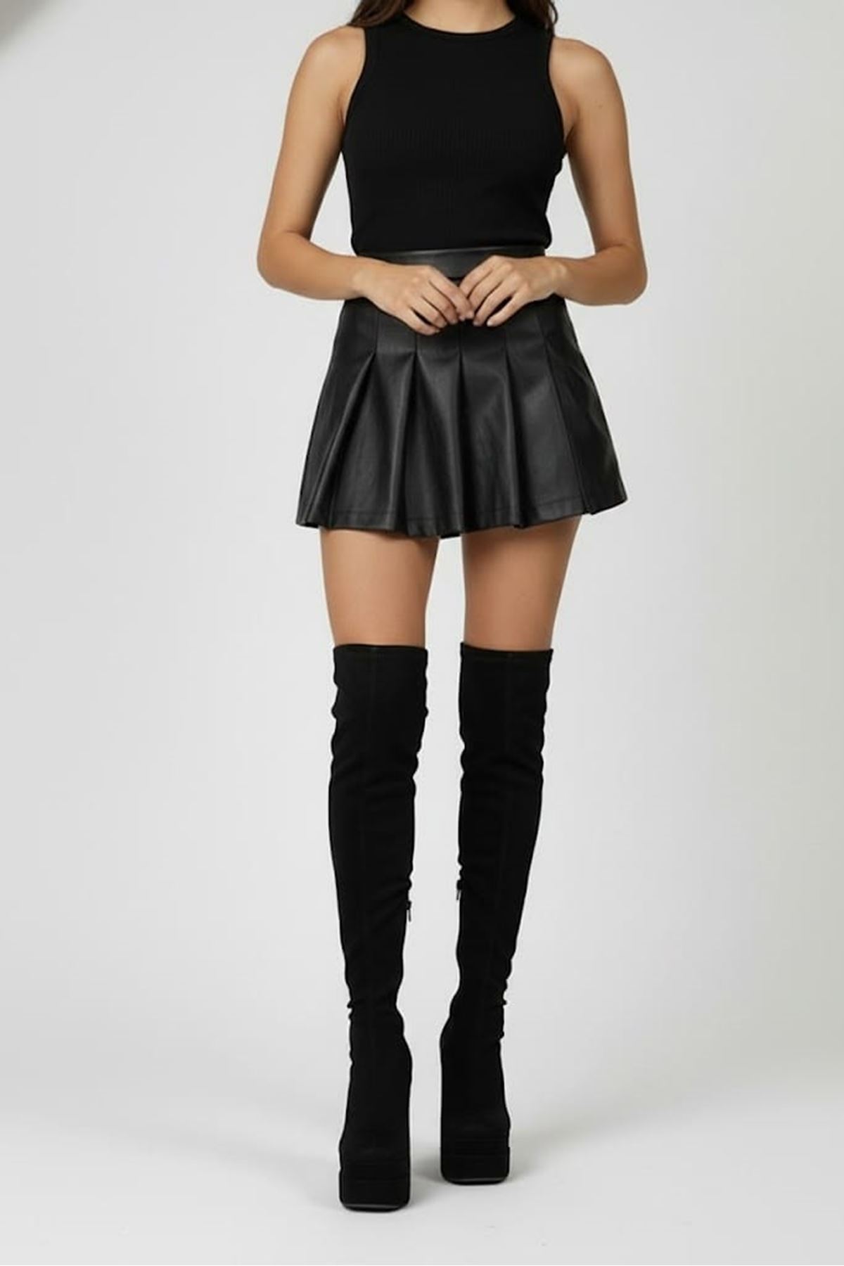 Reillyyy Siyah Süet Kadın Çift Platform Yüksek Topuklu Diz Üstü Streç Çizme