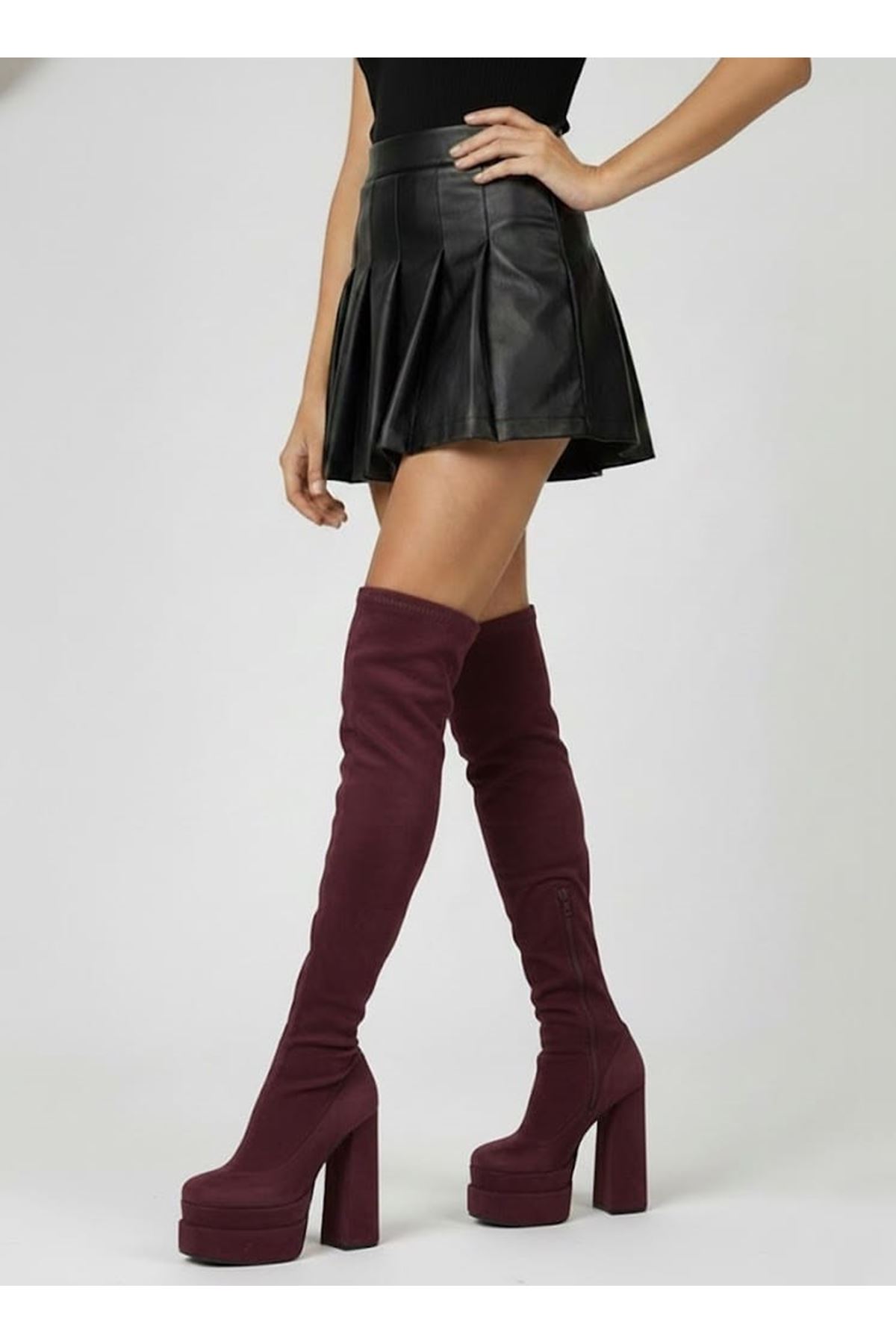 Reilly Mürdüm Süet Kadın Çift Platform Yüksek Topuklu Diz Üstü Streç Çizme