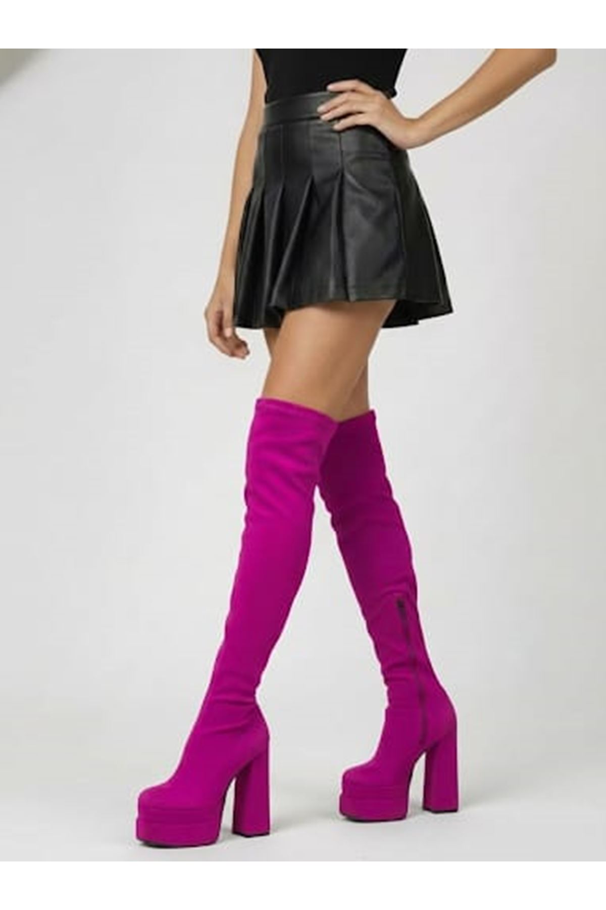 Reilly Mor Paraşüt Kumaş Kadın Çift Platform Yüksek Topuklu Diz Üstü Streç Çizme