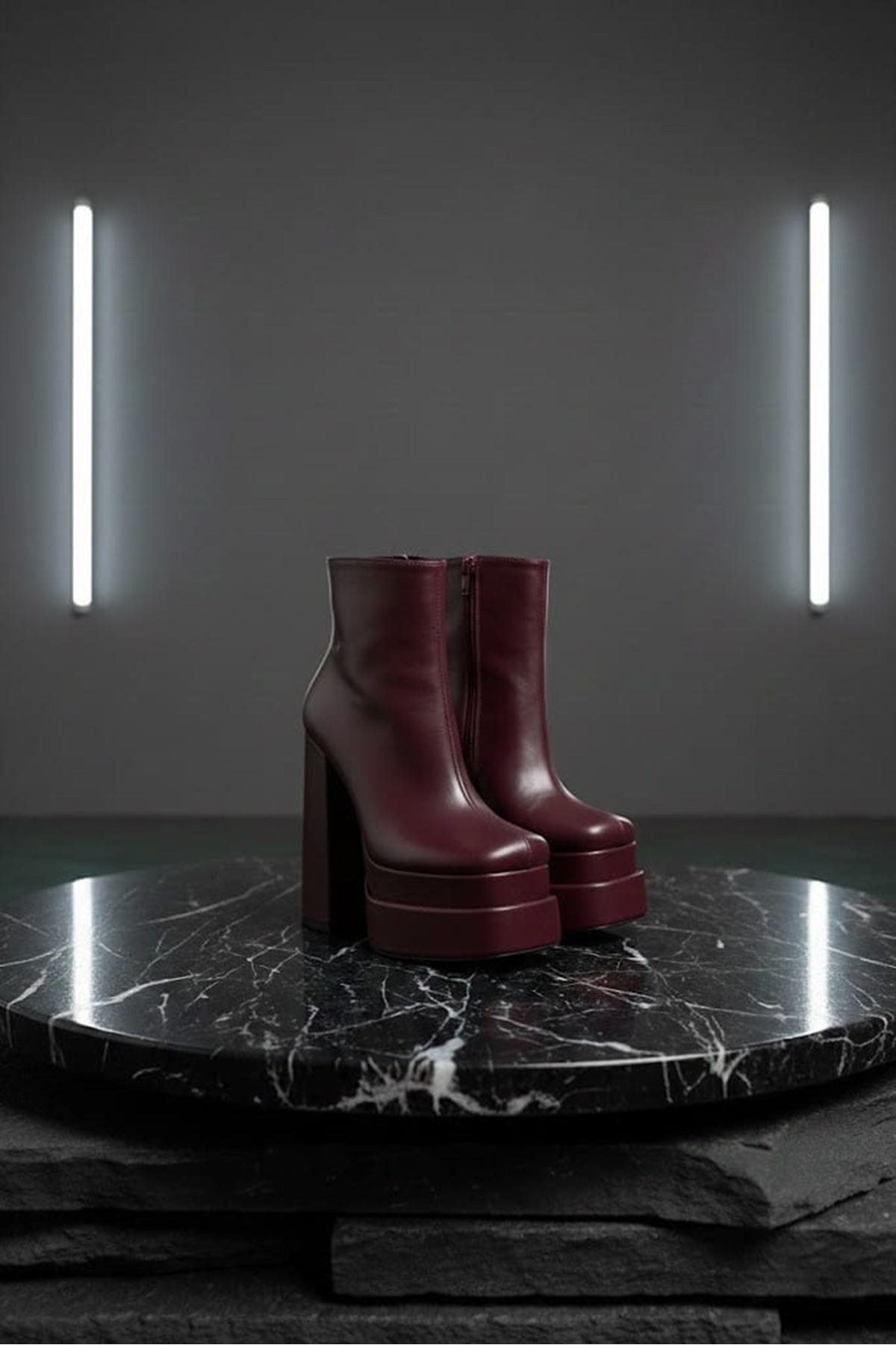 Vegaaa Bordo Cilt Kare Burun Çift Platform Kalın Topuklu Kadın Bot