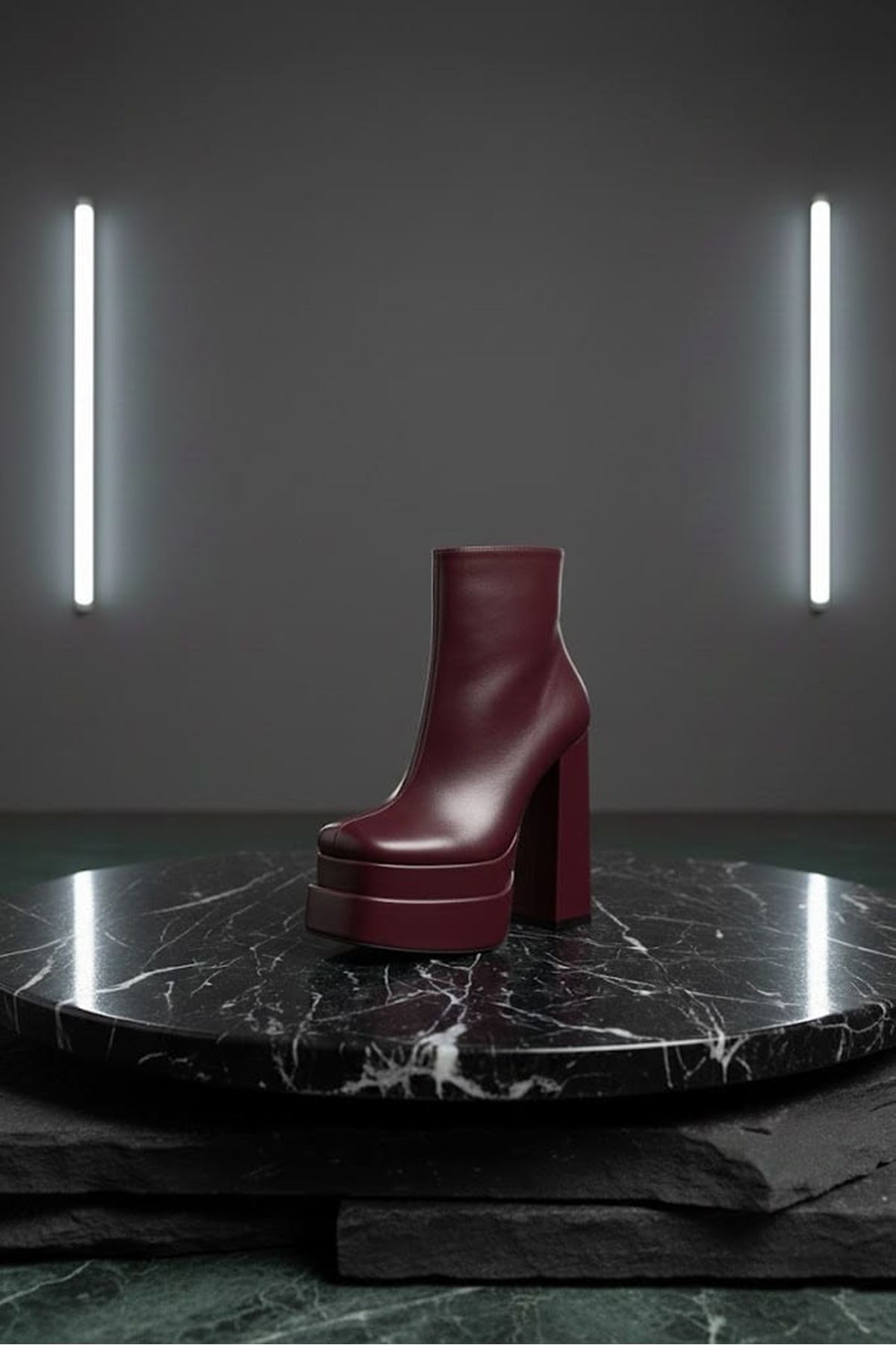 Vegaaa Bordo Cilt Kare Burun Çift Platform Kalın Topuklu Kadın Bot