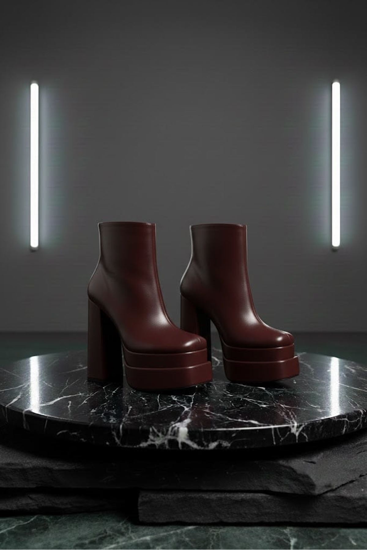 Vegaaa Kahverengi Cilt Kare Burun Çift Platform Kalın Topuklu Kadın Bot