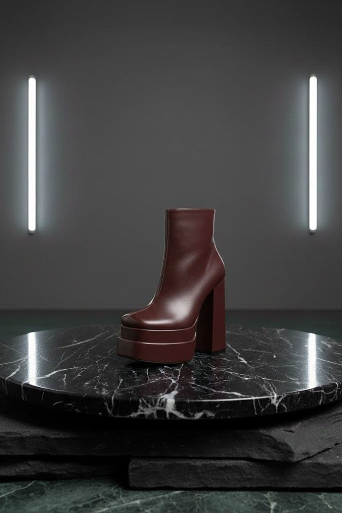 Vegaaa Kahverengi Cilt Kare Burun Çift Platform Kalın Topuklu Kadın Bot